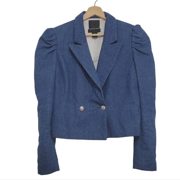 500 Maison Cinqcent | Denim Chambray Puff Shoulder Crop Blazer - Picture 1 of 9